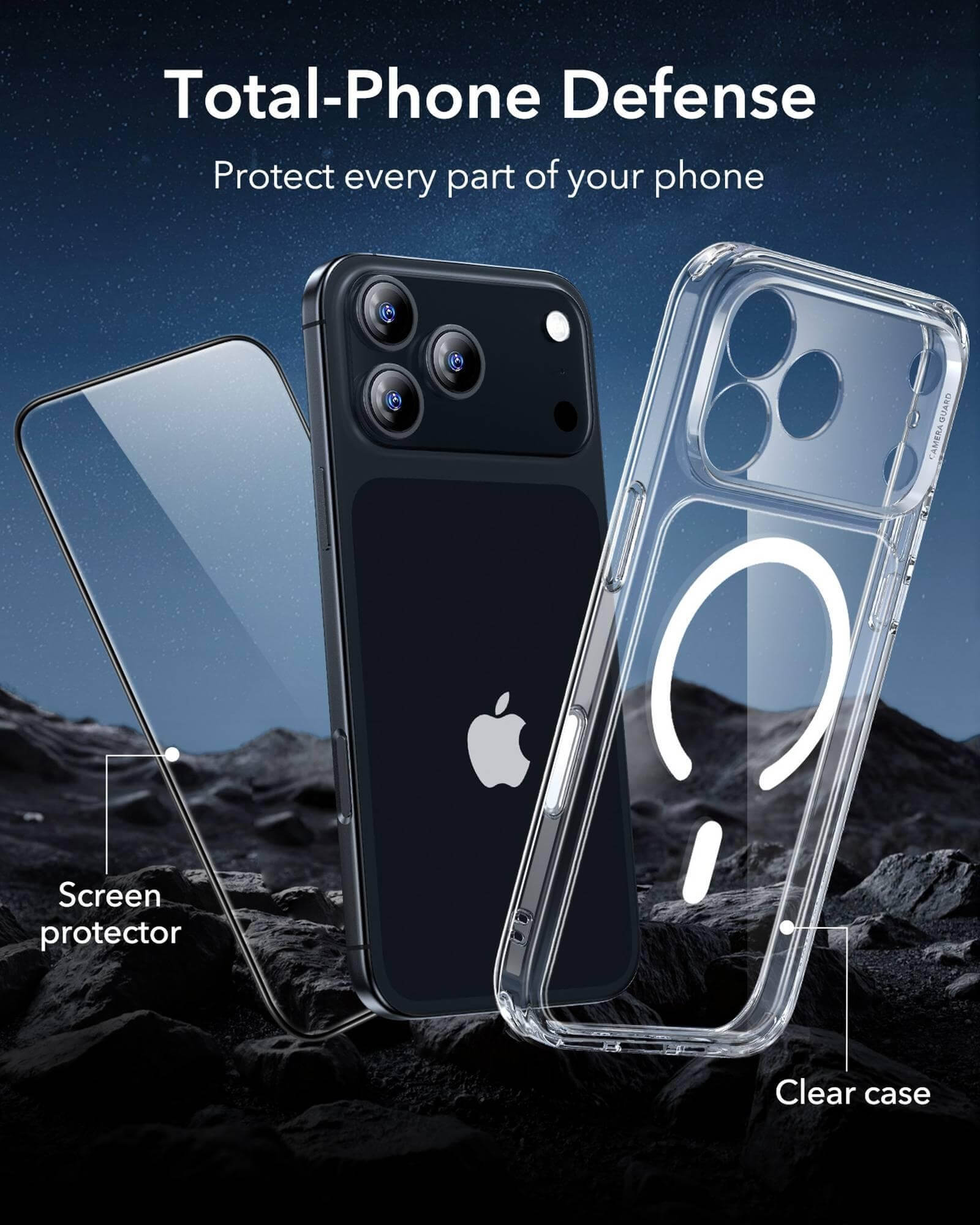 Das Bild zeigt ein Telefon, eine Displayschutzfolie und eine transparente Hülle. Text: Total Phone Defense, Schützen Sie jeden Teil Ihres Telefons.