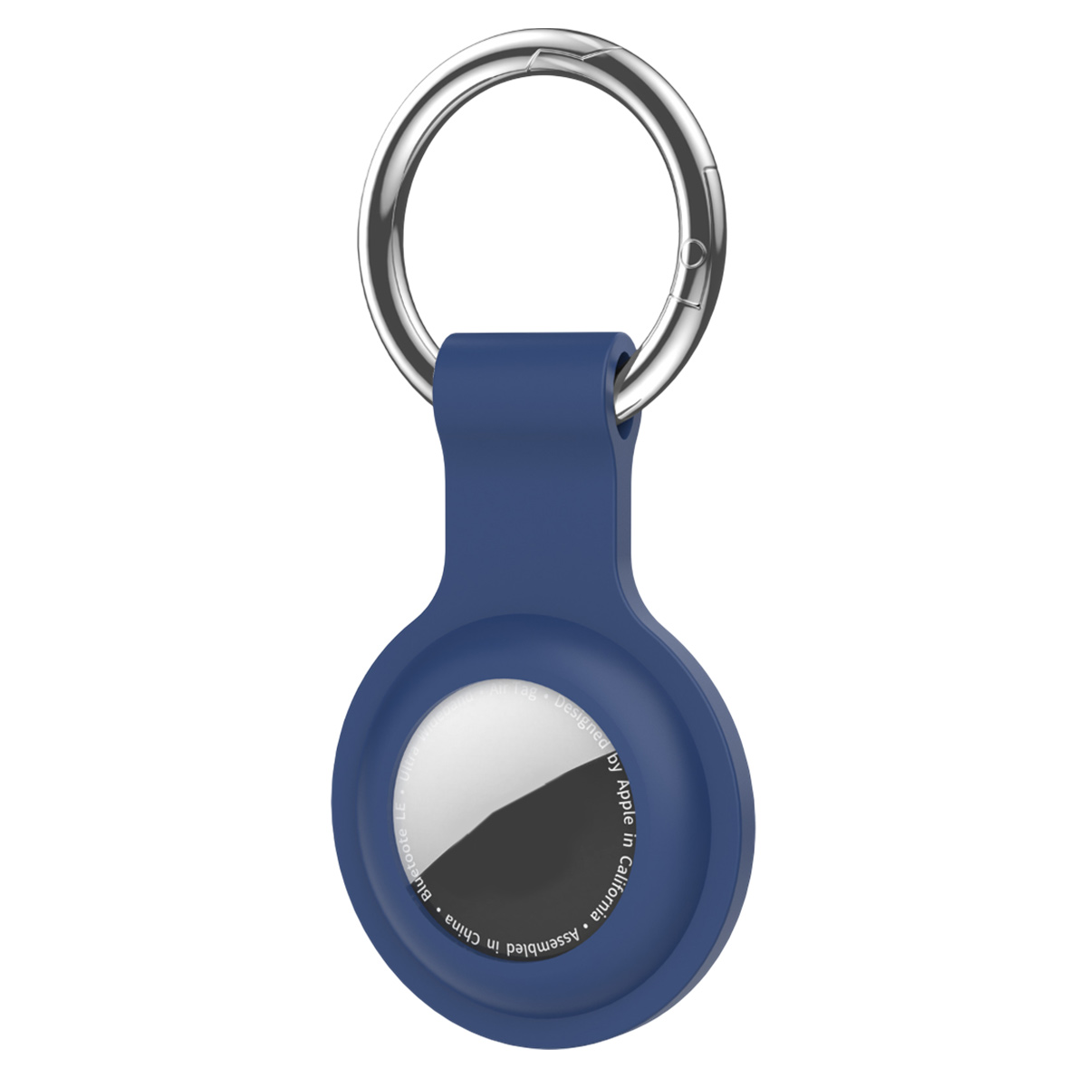 Ein blaues Apple AirTag mit silbernem Schlüsselring. Das AirTag hat eine weiß-schwarze reflektierende Oberfläche.