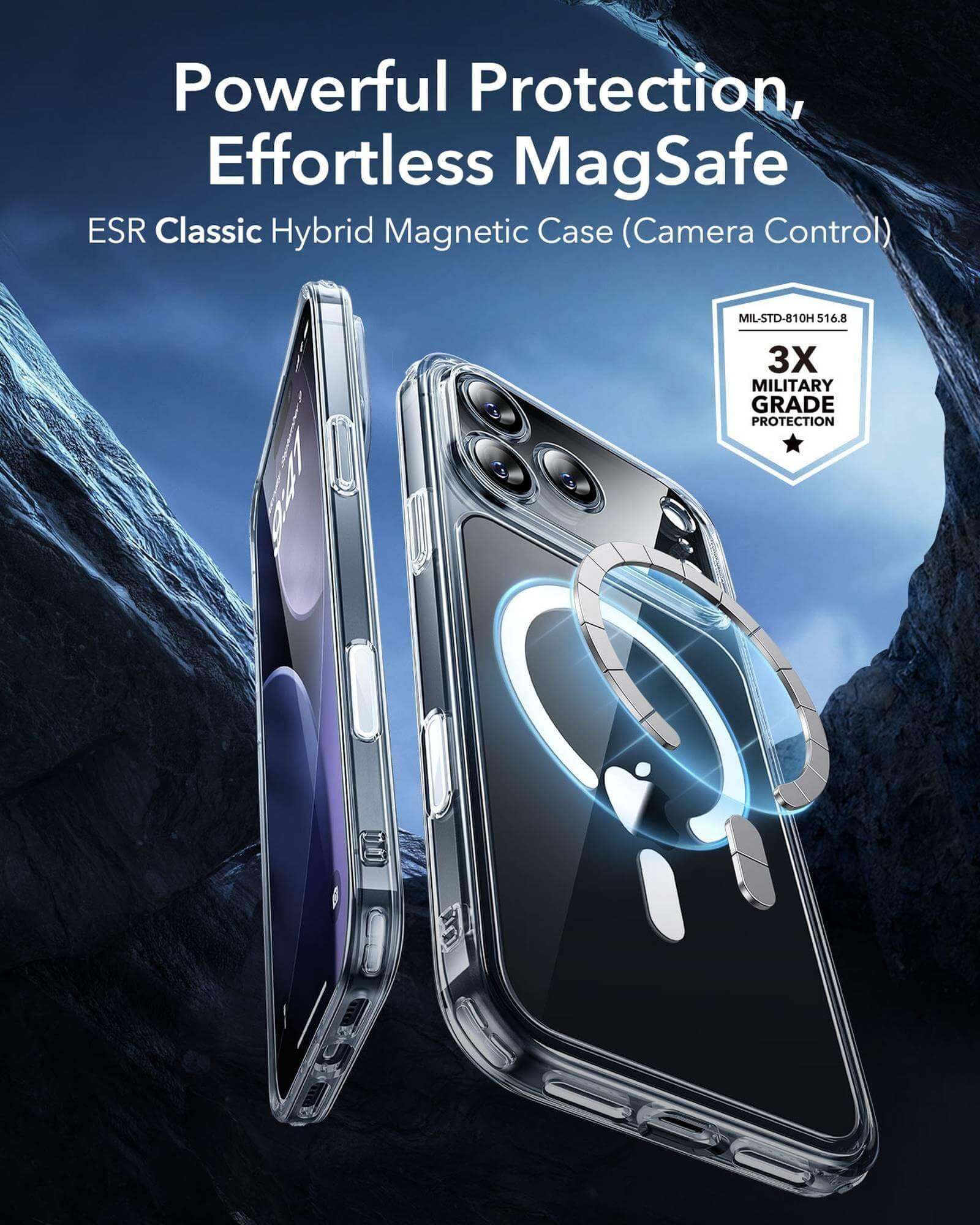 Transparente Handyhüllen mit MagSafe-Funktion. Das Bild zeigt die Hülle mit Ring und Schutzschild.