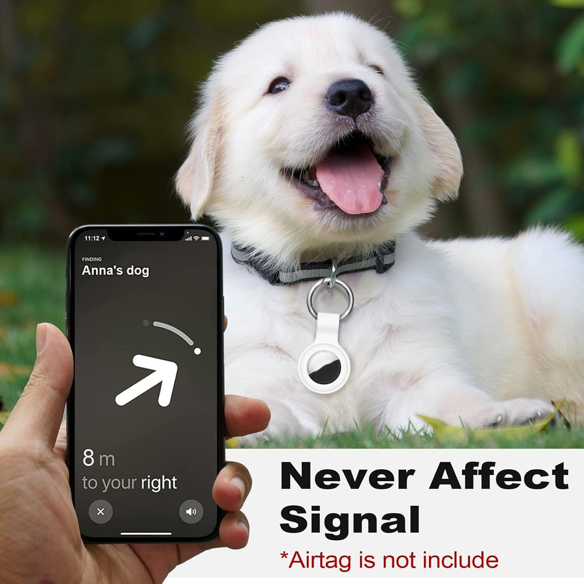 Ein weißer Welpe mit schwarzem Halsband und AirTag, ein Telefon mit einer 'Such'-App und Text 'Never affect signal'.