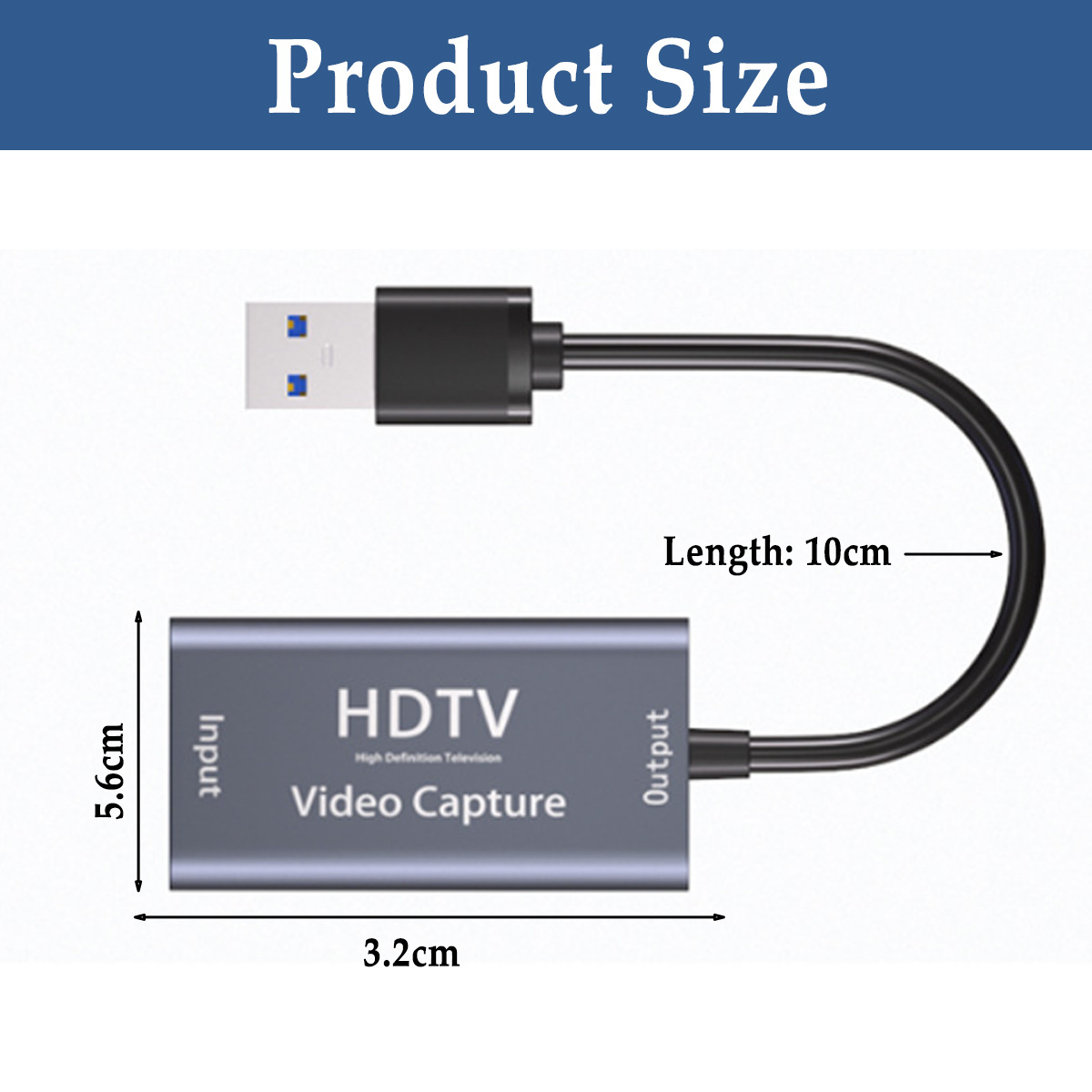 Produktgrößengrafik zeigt ein graues Videoaufnahmegerät mit USB und Abmessungen: 3,2 cm breit, 5,6 cm hoch und 10 cm Kabel.