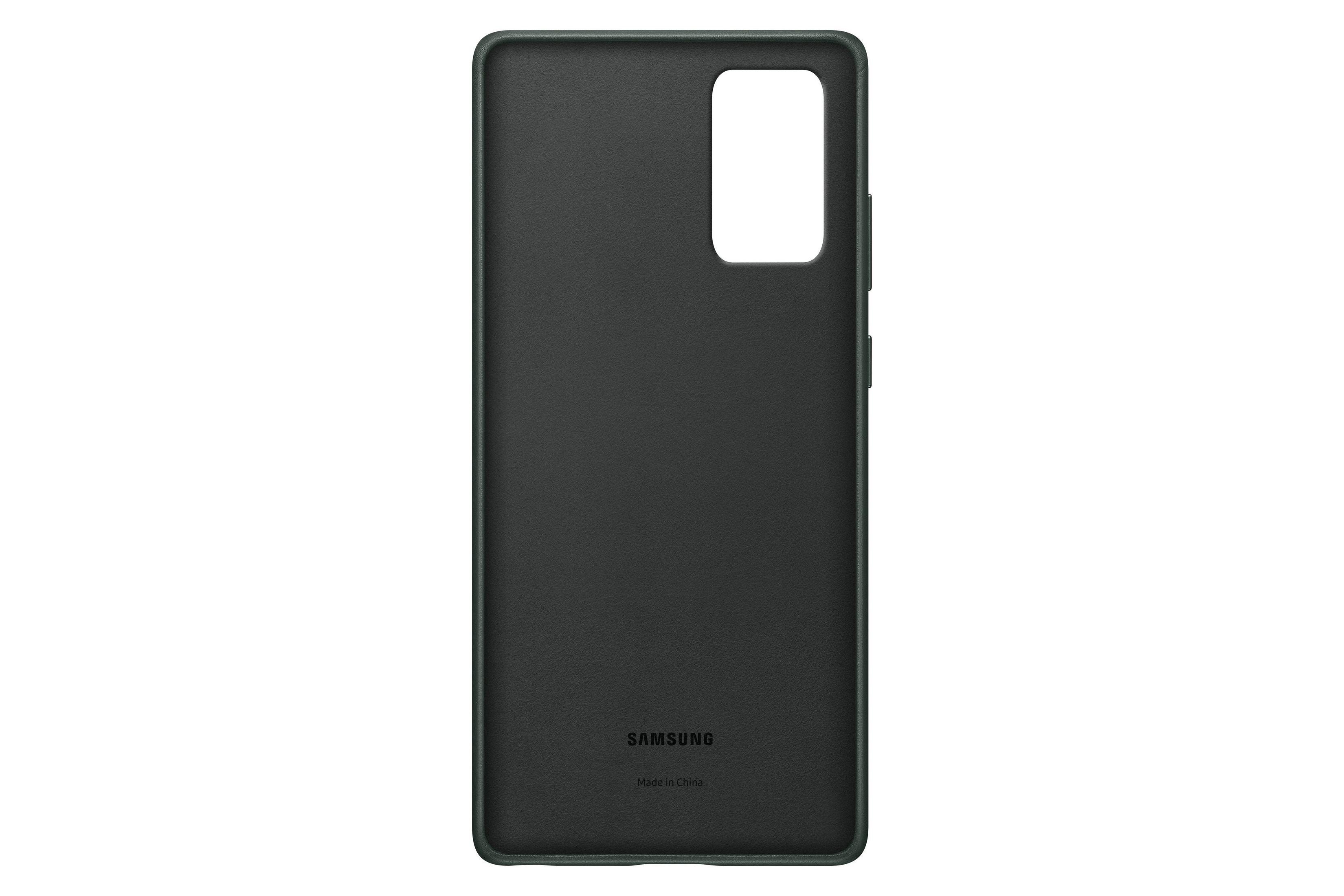Dunkelgrüne Handyhülle. Sie hat einen rechteckigen Kameraausschnitt. Das Samsung-Logo ist unten sichtbar.