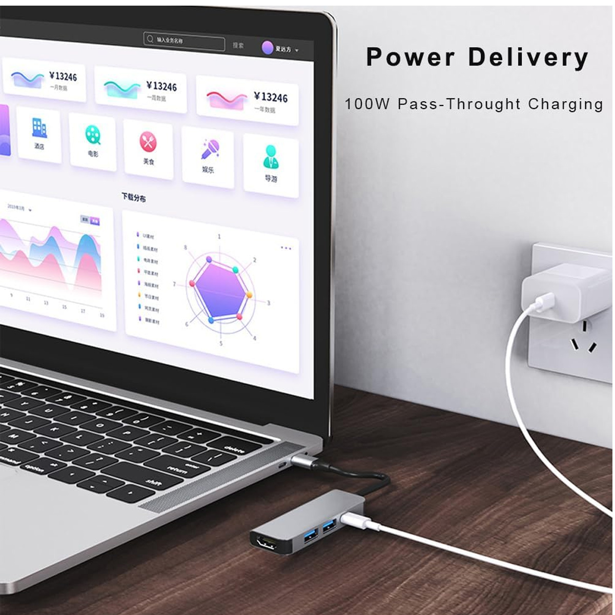Laptop an Hub angeschlossen, Aufladen über Steckdose. Display zeigt Diagramme und Symbole. Power Delivery Text sichtbar.