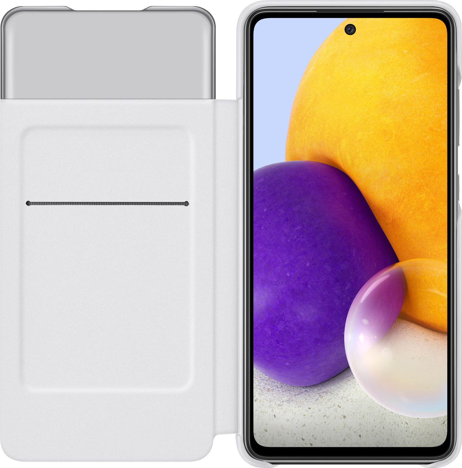 Weiße Handyhülle mit Smartphone, das ein gelbes und violettes abstraktes Design und einen hellblauen Hintergrund zeigt.