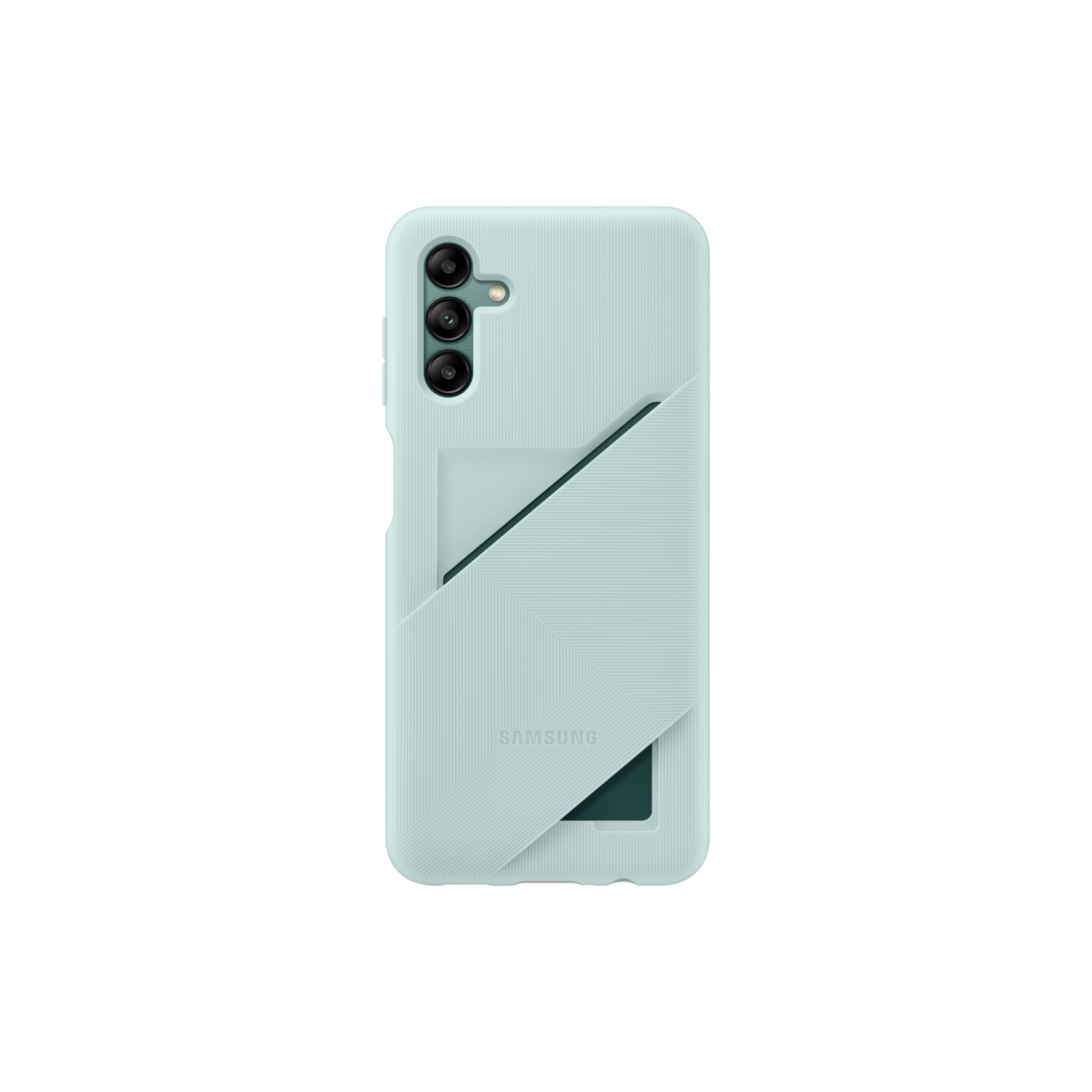 Una custodia per telefono Samsung verde chiaro con porta carte. La custodia ha tre fotocamere e il logo Samsung è visibile.