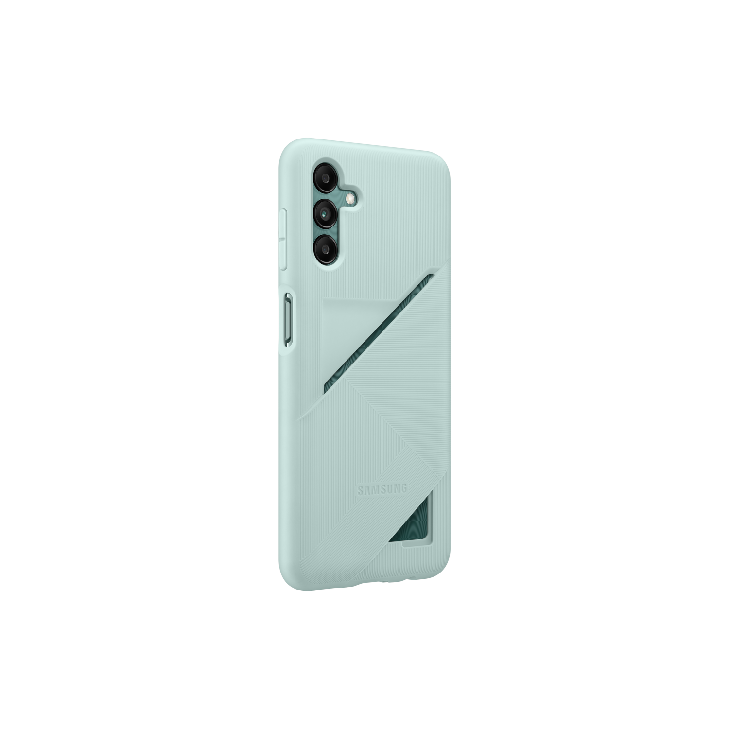 Una custodia per telefono verde chiaro con logo Samsung. Ha uno slot per schede e ritagli per fotocamera multipli sul retro.