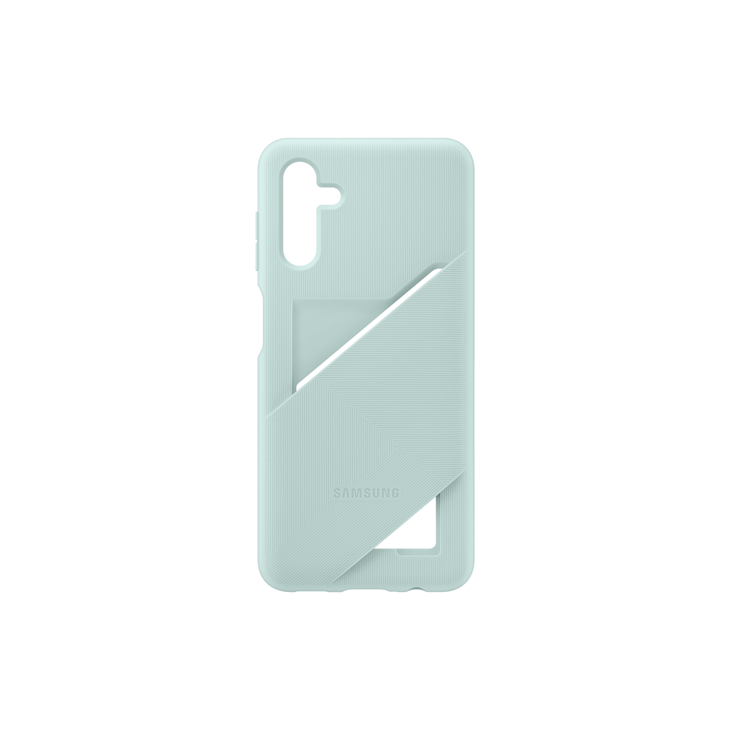 Una custodia per telefono azzurra con un porta carte. Il logo Samsung è visibile. La custodia ha una superficie strutturata.