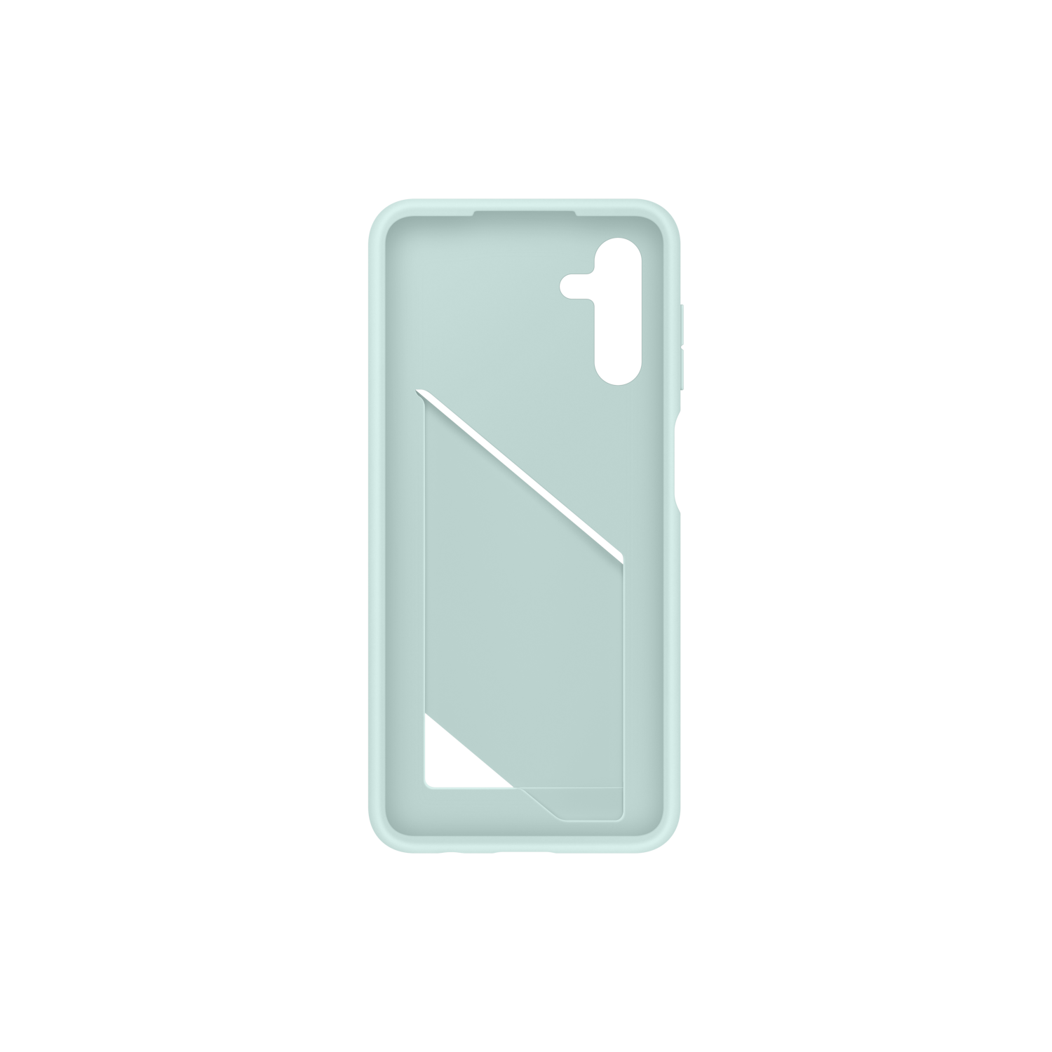 Una custodia per telefono azzurra con bordo e accenti rosa. È visibile una linea diagonale rosa e un ritaglio rettangolare.