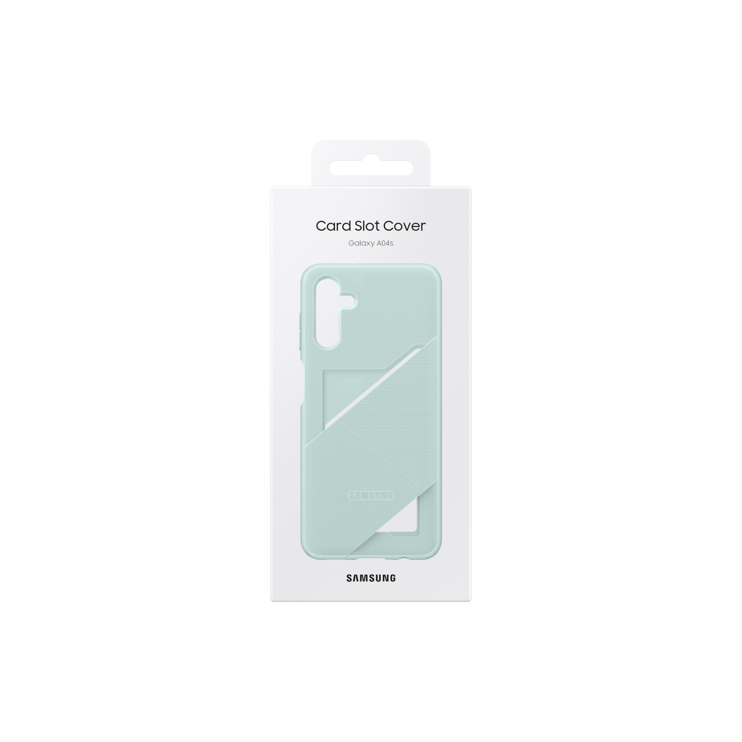 Una custodia verde menta per Samsung Galaxy A04s. La custodia è nella sua confezione, bianca con testo nero. Il logo Samsung è visibile.
