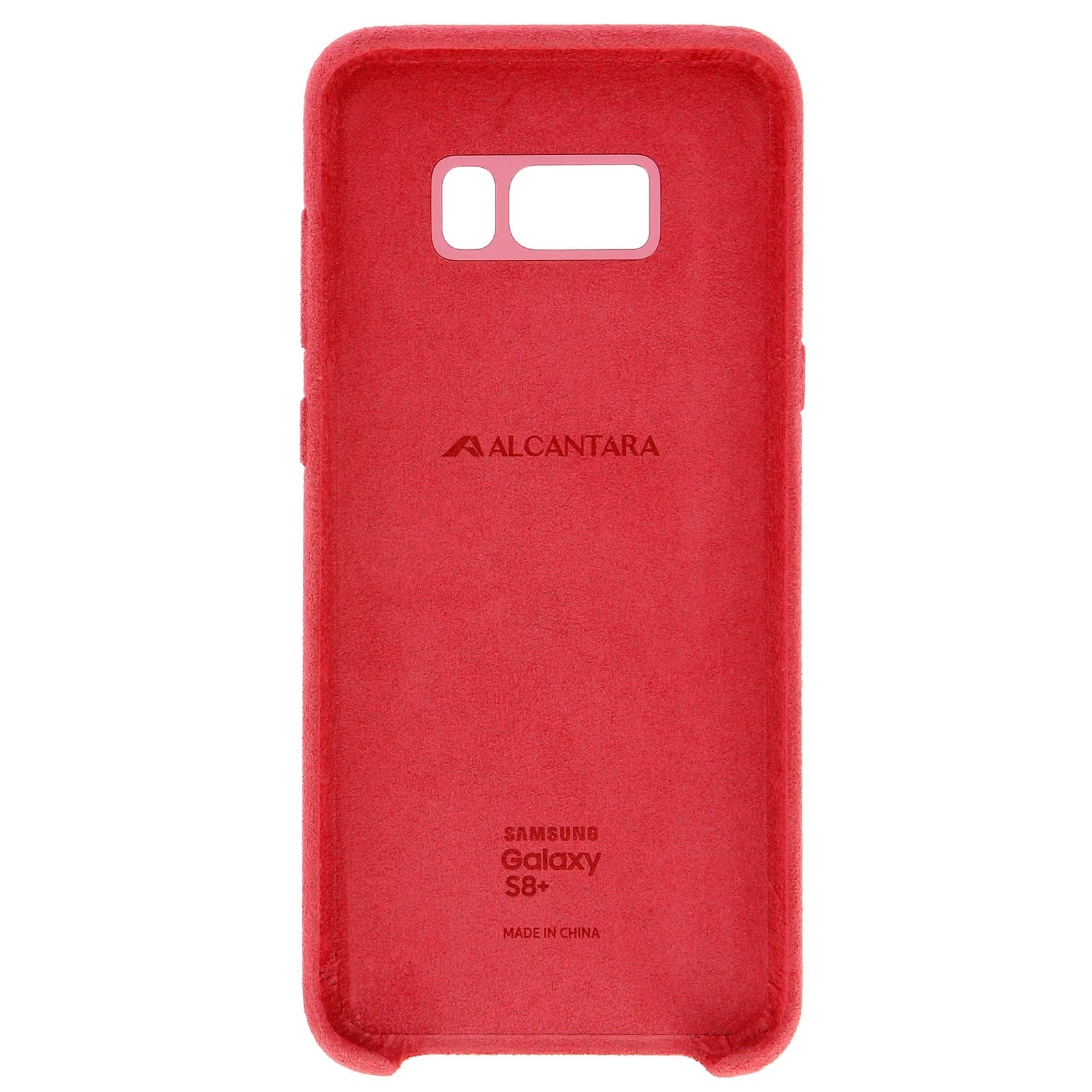 Custodia rossa per Samsung Galaxy S8+. Presenta fori per fotocamera e pulsanti, con logo Alcantara.