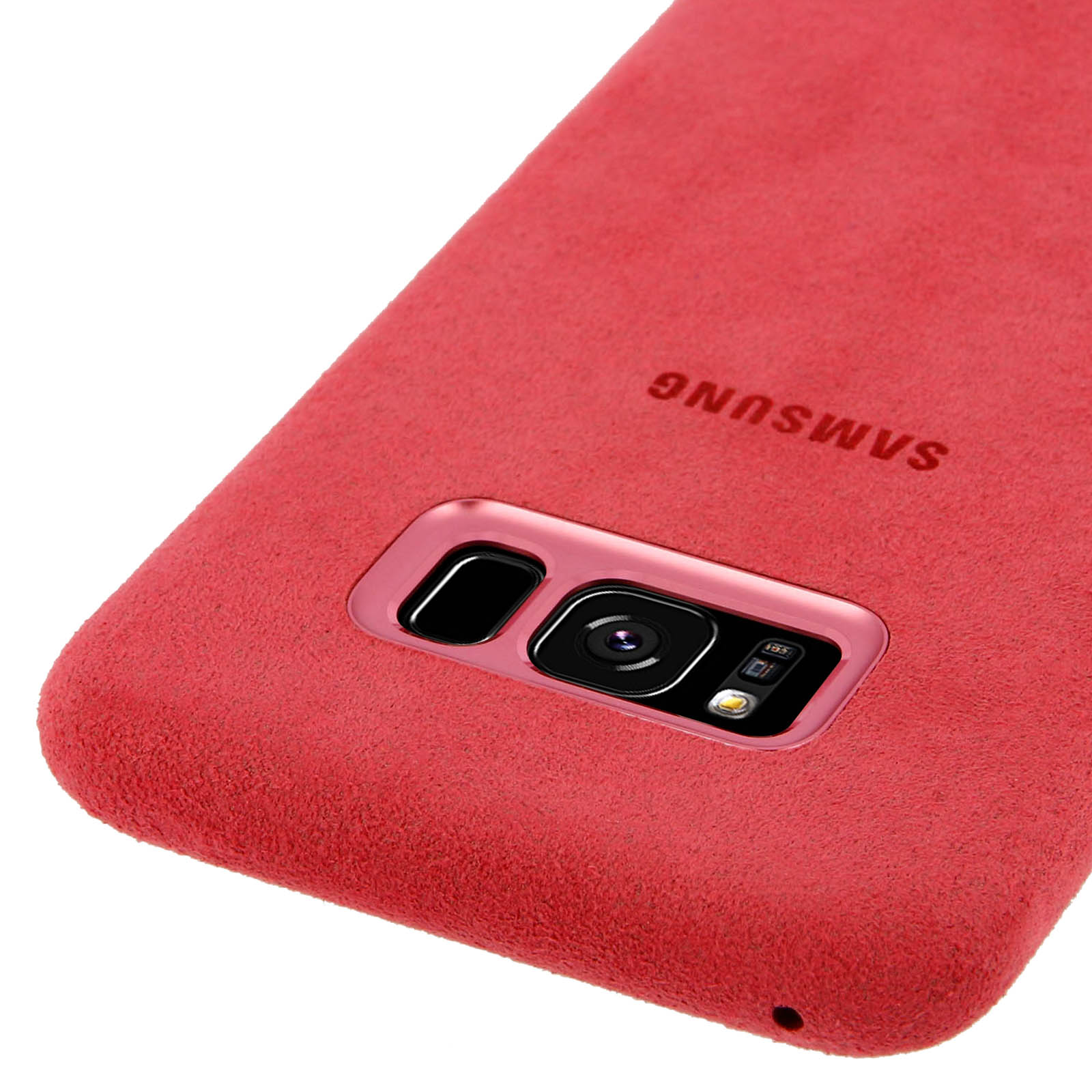 Una custodia rossa per telefono Samsung con fotocamera. Il logo Samsung è visibile. La custodia ha una superficie strutturata.