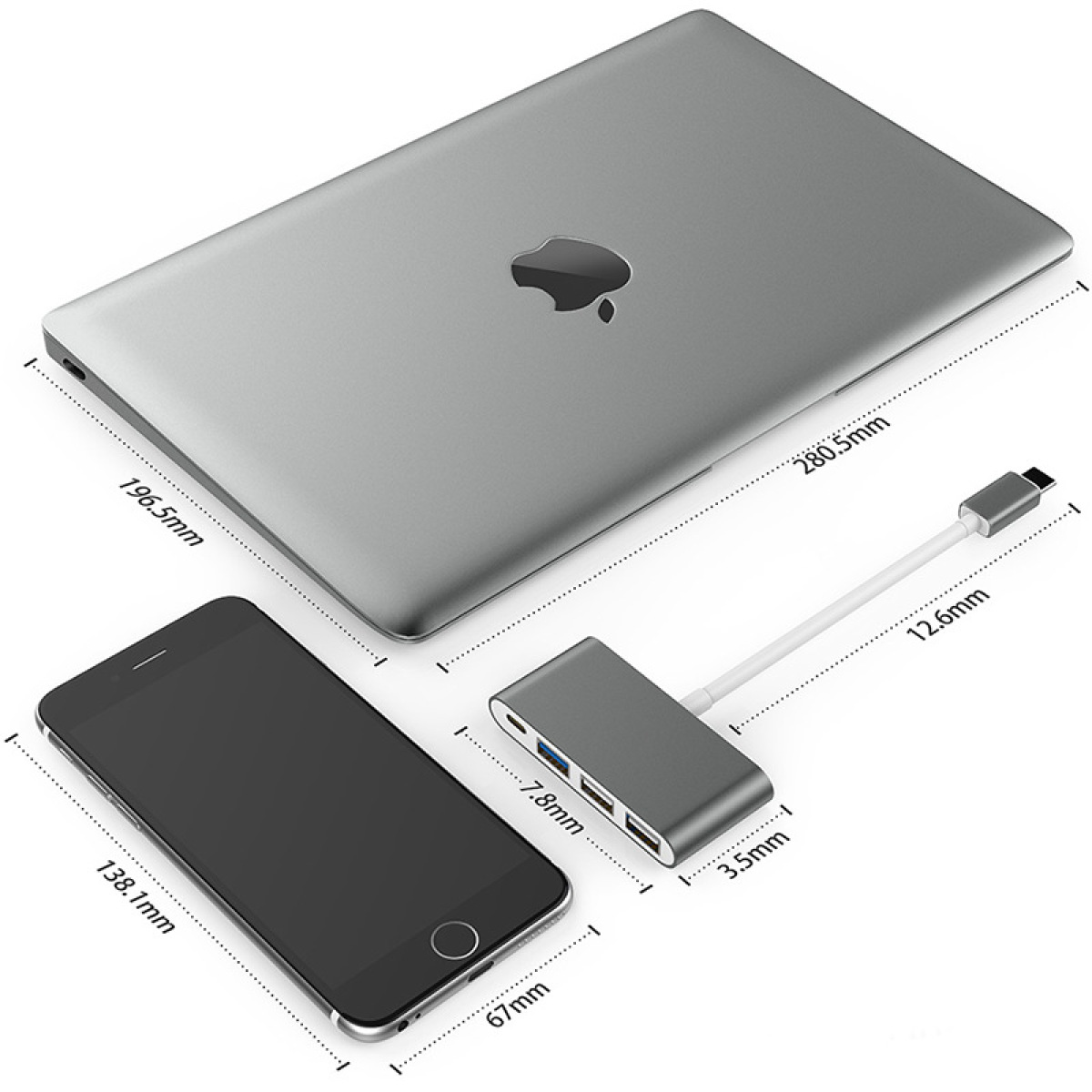 Ein silberner Laptop, ein schwarzes Smartphone und ein grauer USB-Hub werden gezeigt. Abmessungen sind mit gestrichelten Linien angegeben.