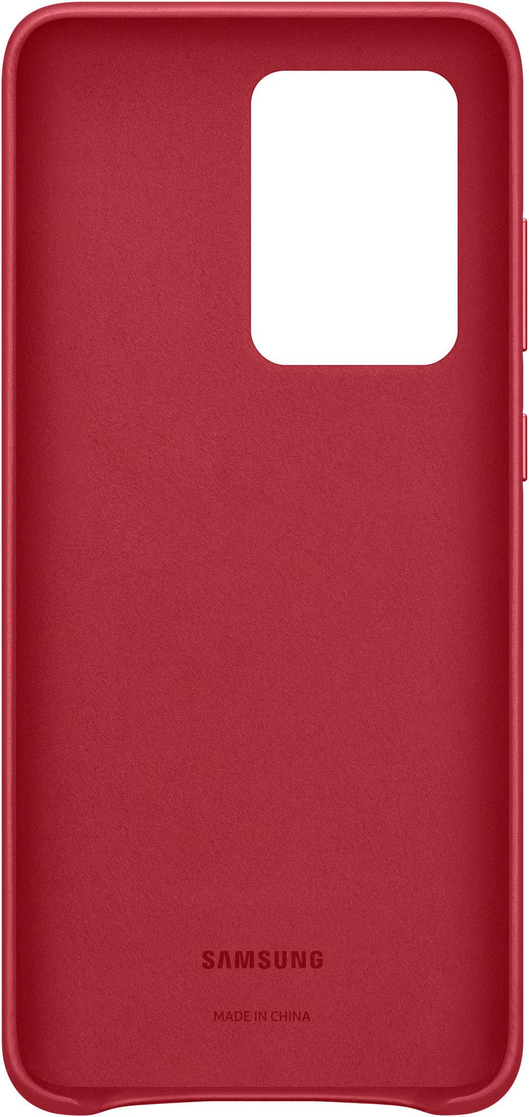 Una funda roja para teléfono con recorte para la cámara. El logotipo de Samsung y Made in China en la parte inferior.