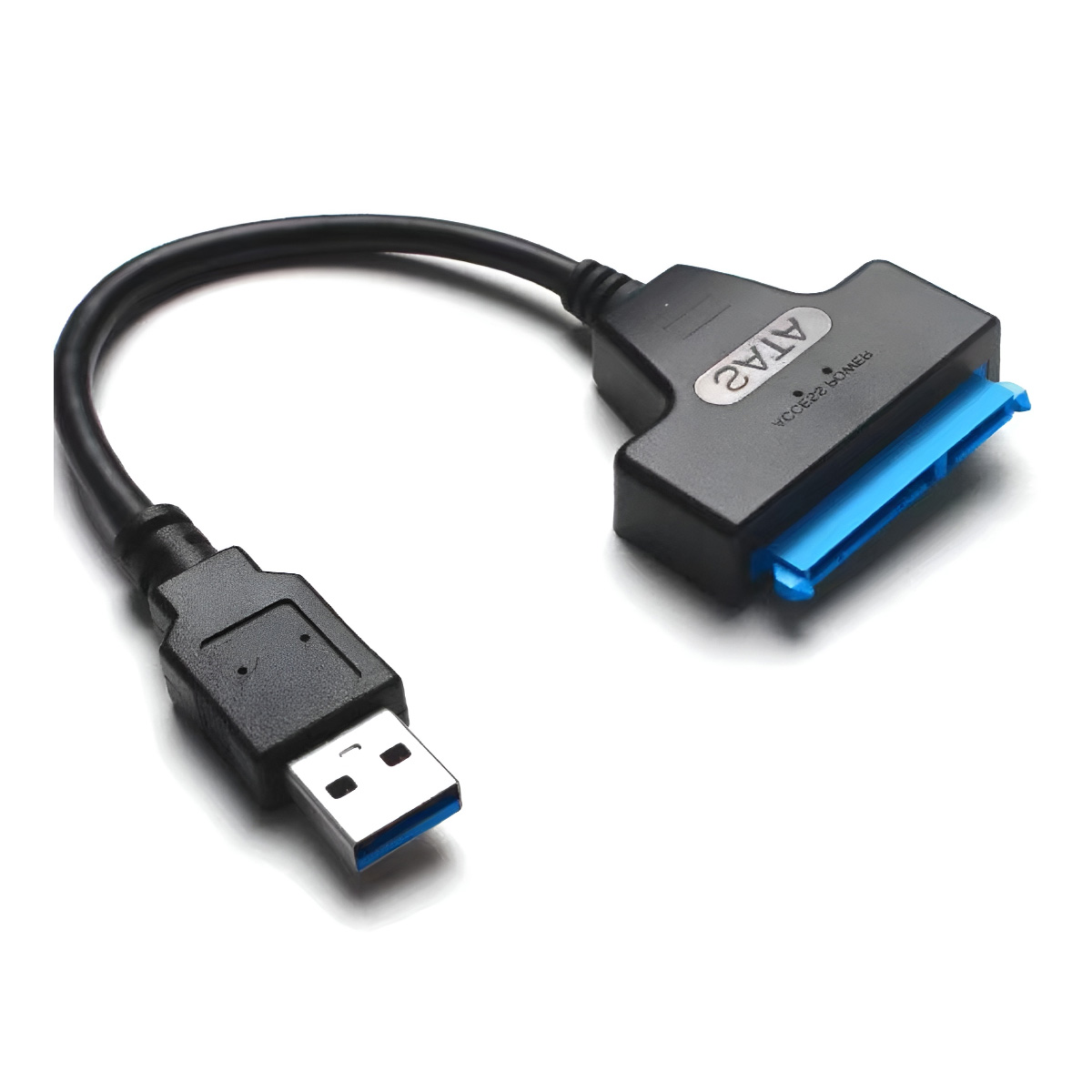 Ein schwarzes USB-zu-SATA-Adapterkabel. Ein Ende hat einen USB-Anschluss, das andere einen SATA-Anschluss mit blauem Einsatz.