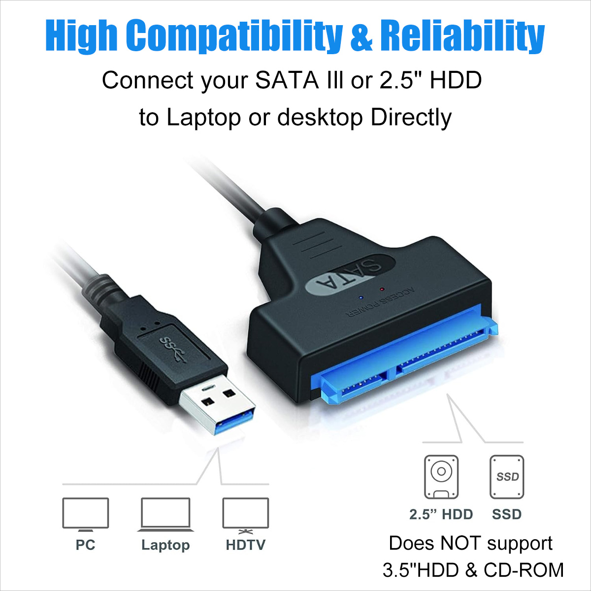 Ein schwarzer SATA III-Adapter mit USB-Anschluss. Er verbindet 2,5" HDD/SSD mit PC, Laptop oder HDTV. Text: Hohe Kompatibilität & Zuverlässigkeit.