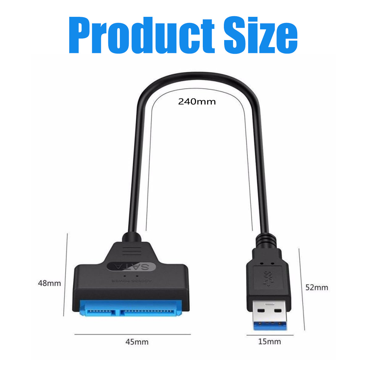 Ein schwarzer USB-zu-SATA-Adapter. Maße sind beschriftet: 48 mm, 45 mm, 52 mm und 15 mm. Eine Messung von 240 mm wird ebenfalls angezeigt.