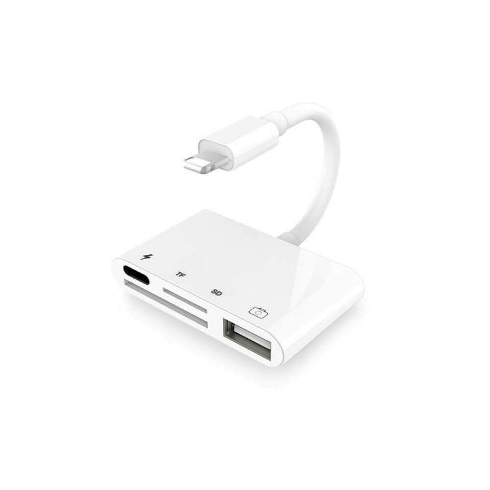 Ein weißes Kartenlesegerät mit Lightning-Anschluss, TF-Kartensteckplatz, SD-Kartensteckplatz und USB-Anschluss.