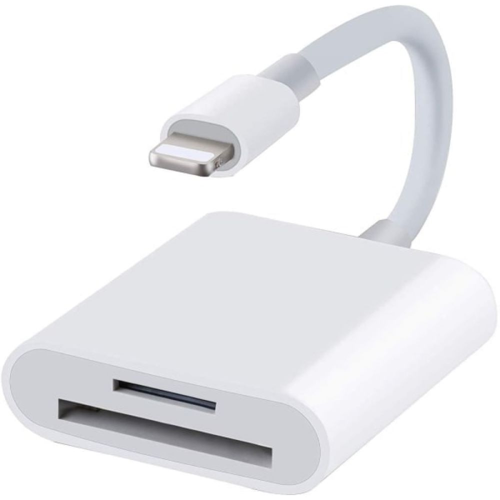 Weißes Apple-Kartenlesegerät mit Lightning-Anschluss. Das Gerät hat einen Steckplatz für eine SD-Karte. Das Kabel ist weiß und gebogen.