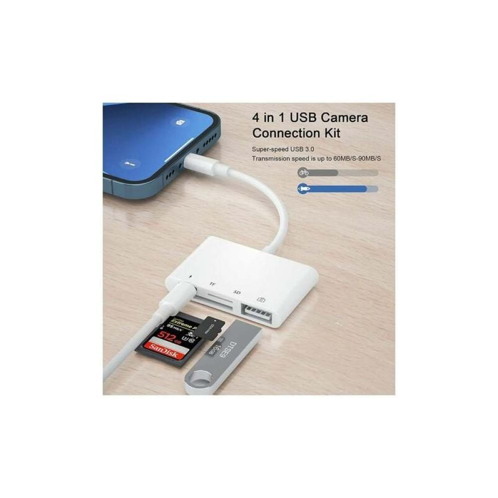 Ein weißer USB-Hub verbindet ein Telefon, eine SD-Karte und einen USB-Stick. Der Text lautet: '4 in 1 USB Camera Connection Kit'.
