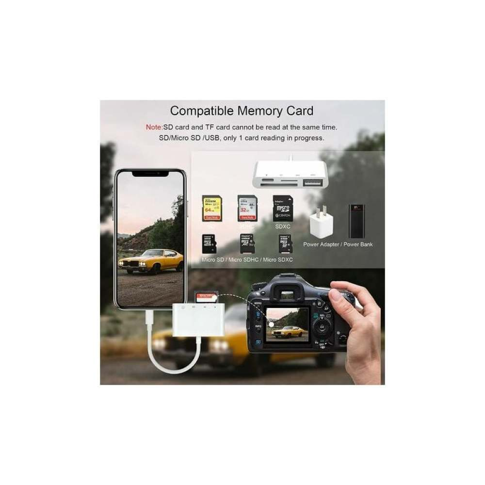 Das Bild zeigt Speicherkarten, ein Telefon, eine Kamera und einen Kartenleser. Telefon und Kamera zeigen das gleiche gelbe Autobild.