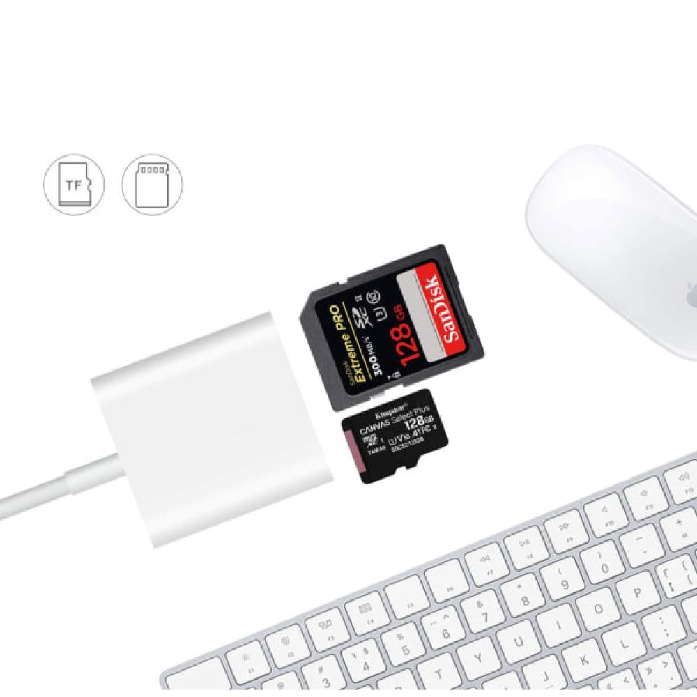 Draufsicht zeigt SD-Karten, einen USB-Adapter, eine Maus und eine Tastatur auf weißem Untergrund. Die SD-Karten sind schwarz und rot.