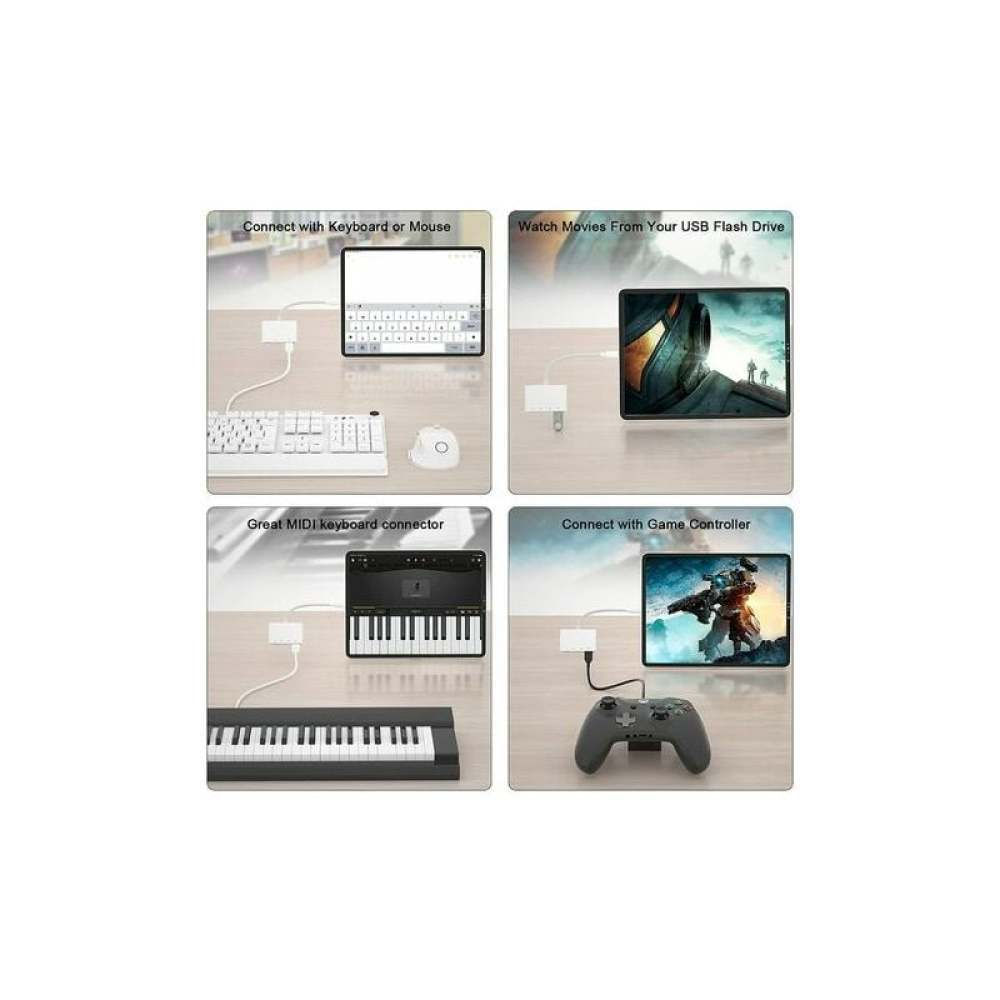 Vier Tafeln, die Geräteverbindungen zeigen. Tastatur/Maus, USB-Flash-Laufwerk, MIDI-Keyboard und Gamecontroller, die mit Tablets verbunden sind.