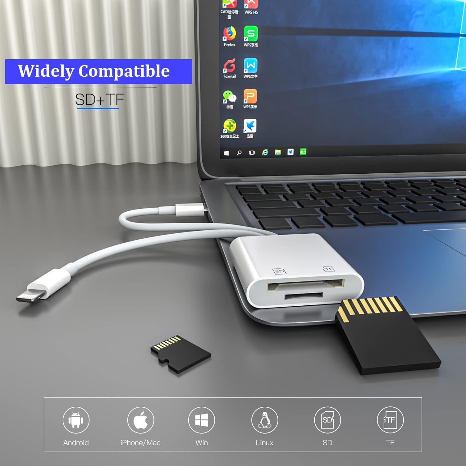 Ein weißer Kartenleser, der mit einem Laptop verbunden ist. Zwei SD-Karten und Symbole für Android, iPhone, Win, Linux, SD und TF sind sichtbar.