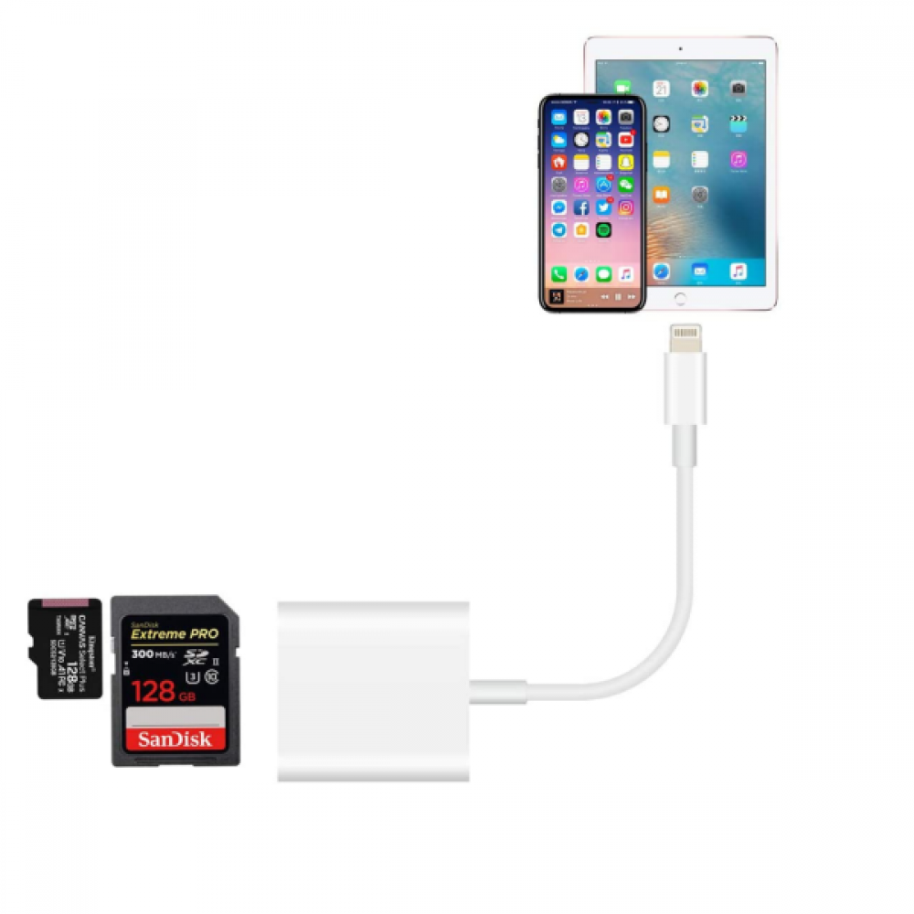 Ein iPhone und iPad sind mit einem weißen Kabel verbunden. Darunter ein weißer Adapter und zwei SD-Karten mit SanDisk Extreme Pro Logo.