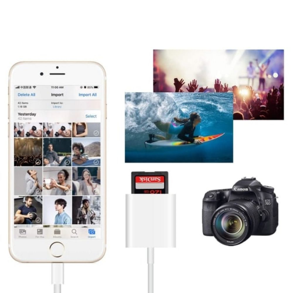Ein iPhone, Surfer, Konzert, SD-Kartenleser und Canon-Kamera werden angezeigt. Das iPhone zeigt Fotos.