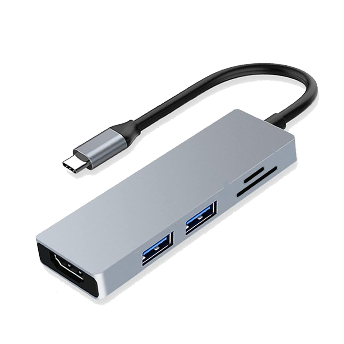 Ein grauer USB-C-Hub mit mehreren Anschlüssen, darunter USB, HDMI und Kartenleser. Er hat ein schwarzes Kabel und einen grauen USB-C-Anschluss.