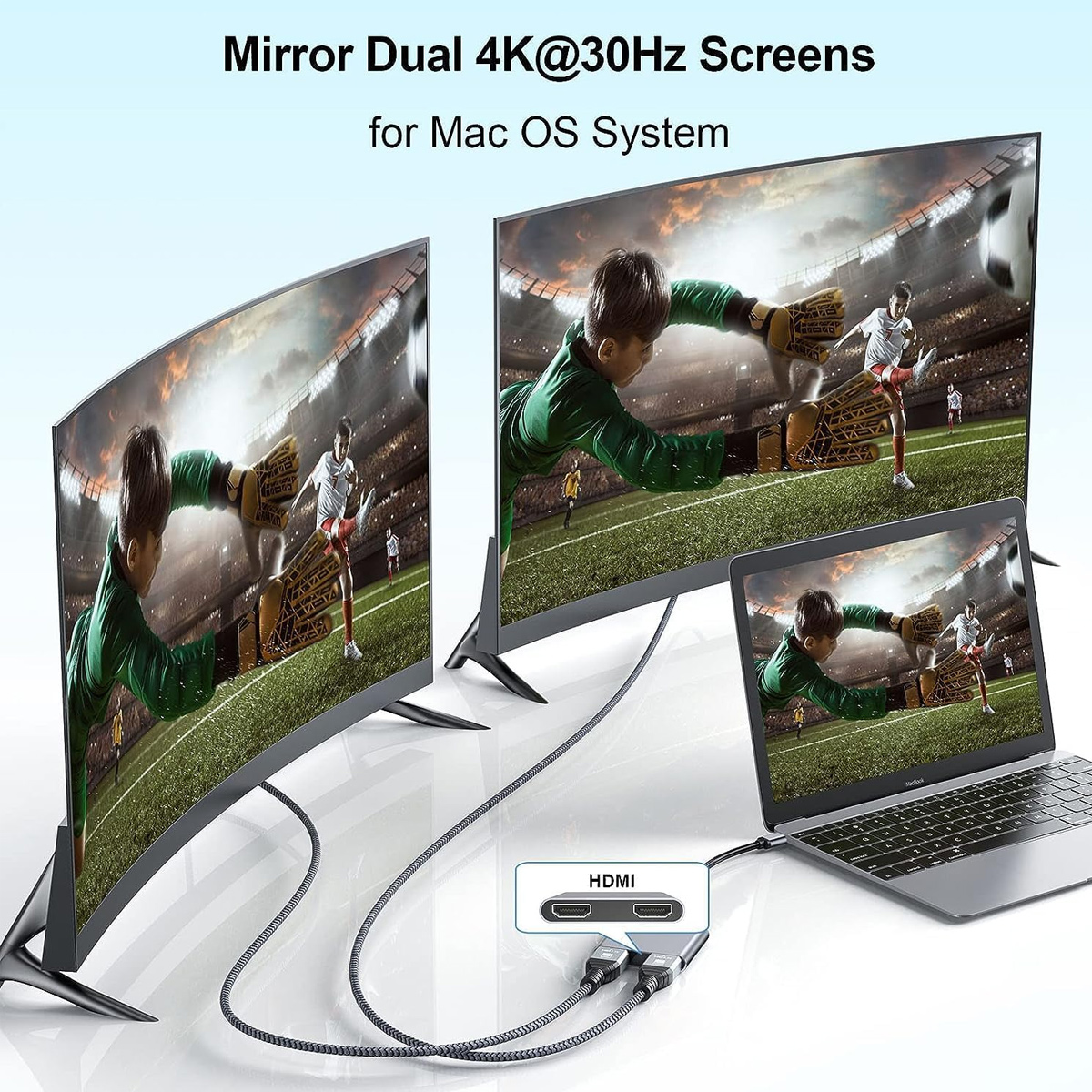 Drei Bildschirme mit einem Fußballspiel. Ein Laptop verbindet sich über HDMI mit zwei Monitoren. Text: Mirror Dual 4K@30Hz Screens for Mac OS System.