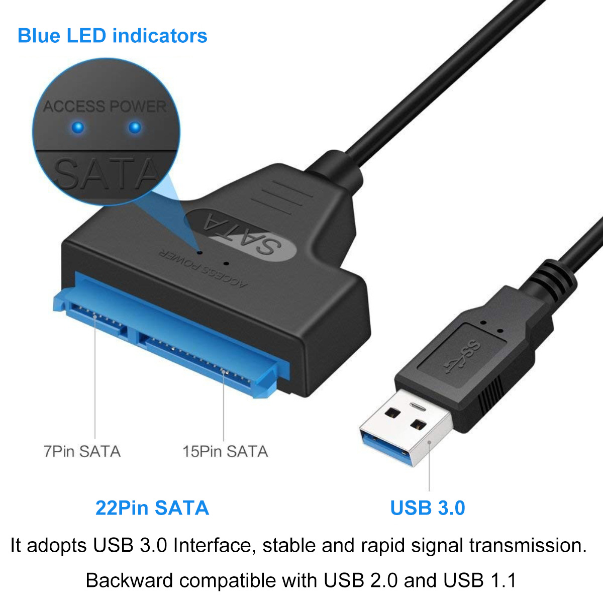 Schwarzer SATA-Adapter mit blauen Anschlüssen und USB 3.0-Kabel. Textbezeichnungen sind 'SATA', 'USB 3.0' und 'LED-Anzeigen'.