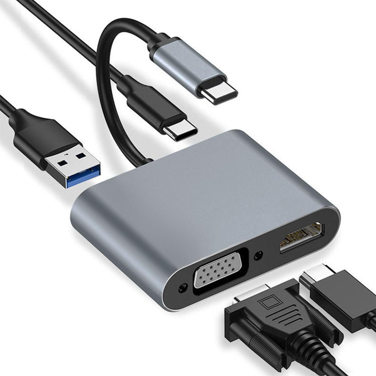 Ein grauer USB-C-Hub mit mehreren Anschlüssen und Kabeln. Ein USB-, zwei USB-C-, ein VGA- und ein DVI-Kabel sind angeschlossen.