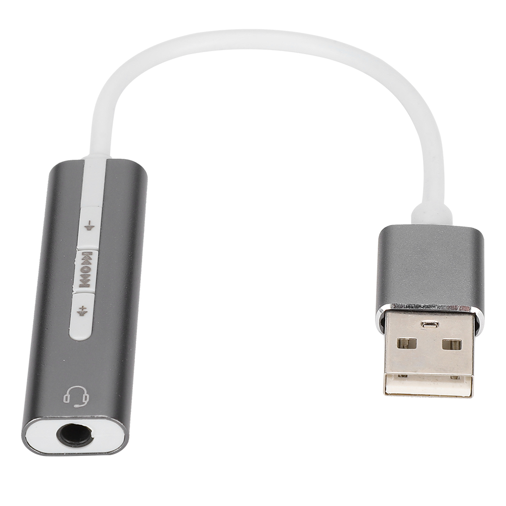 Ein grauer Audioadapter mit weißem Kabel. Er hat Lautstärketasten, eine Kopfhörerbuchse und einen USB-Anschluss.