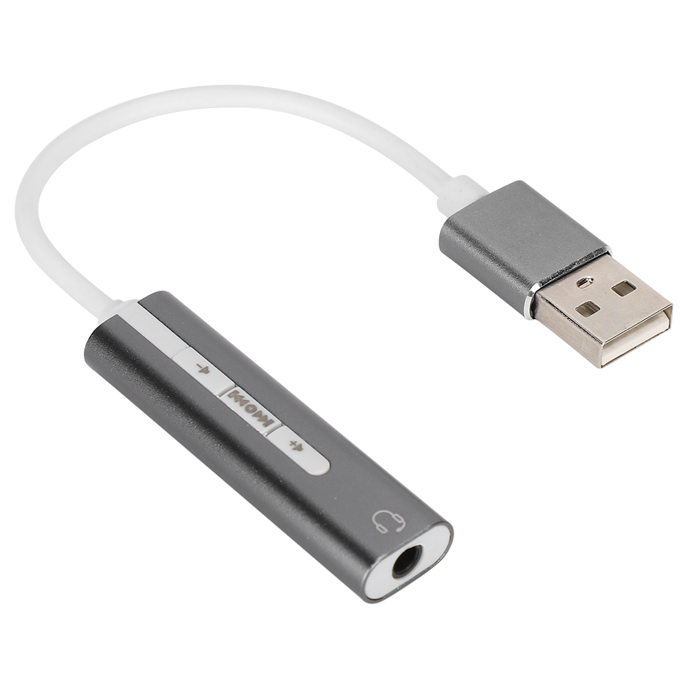 Ein grauer Audioadapter mit weißem Kabel und USB-Anschluss. Der Adapter hat Lautstärkeregler und eine Kopfhörerbuchse.