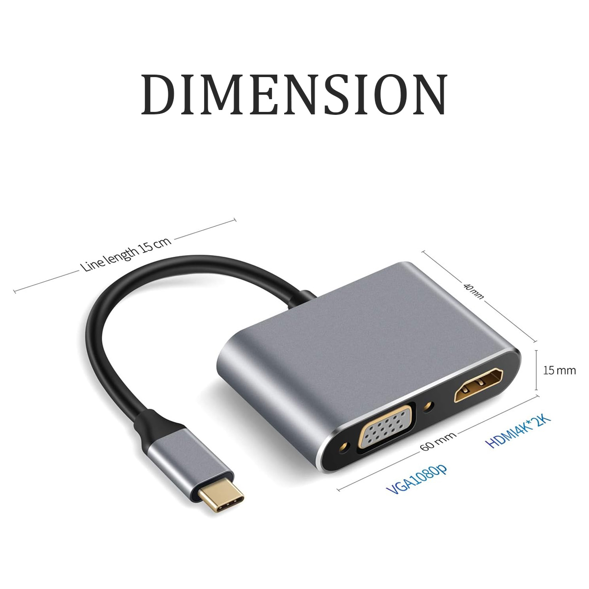 Ein grauer Adapter mit schwarzem Kabel, der Abmessungen anzeigt. Er verfügt über einen USB-C-Anschluss, HDMI- und VGA-Anschlüsse, die mit Spezifikationen versehen sind.