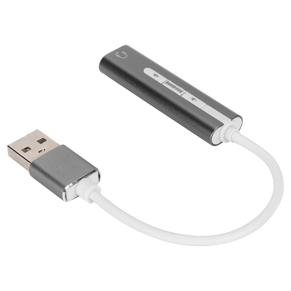 Ein silberner USB-Audioadapter mit weißem Kabel. Es hat Lautstärkeregler und ein Kopfhörersymbol.
