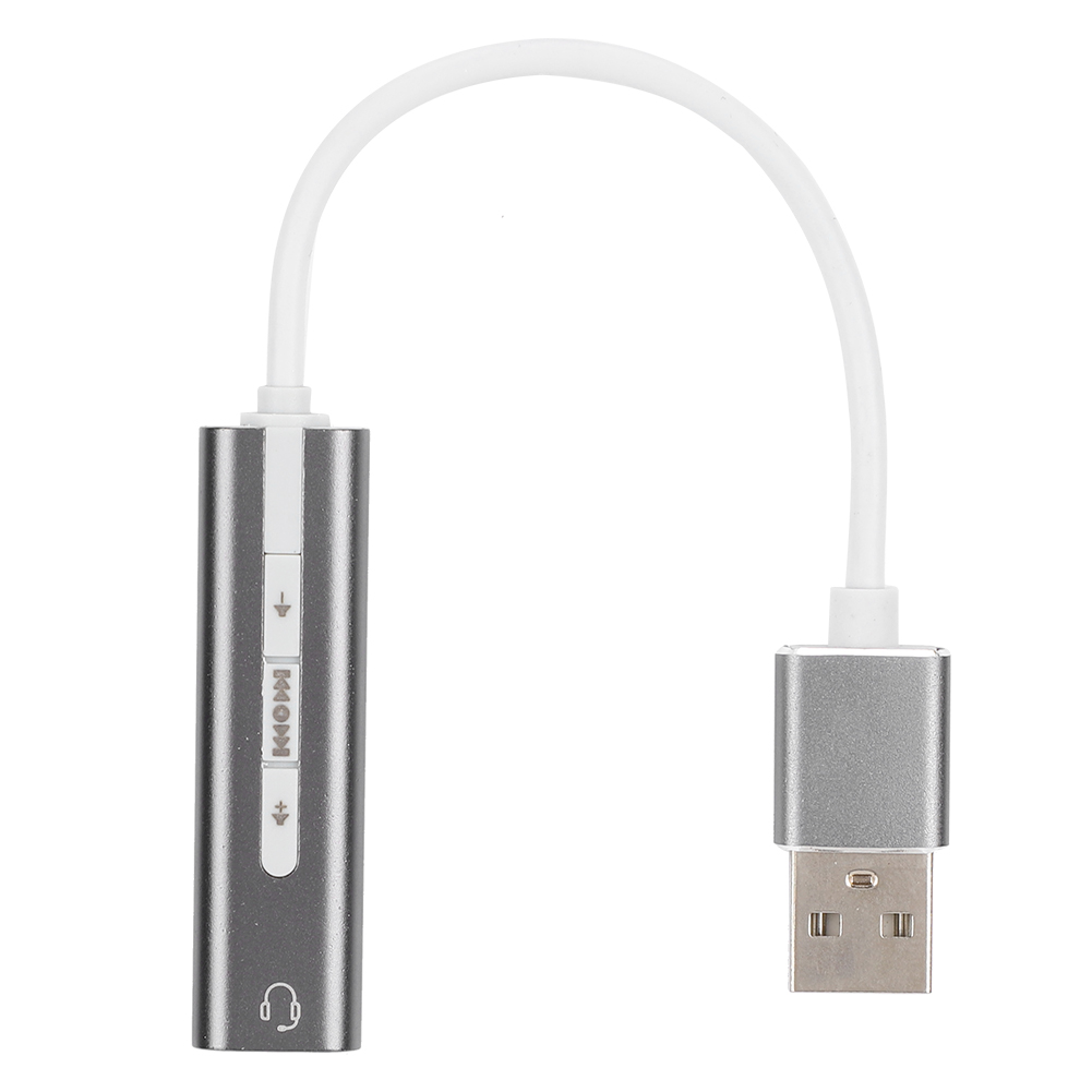 Ein silberner Audioadapter mit weißem Kabel und USB-Anschluss. Er hat Lautstärkeregelungstasten und ein Kopfhörersymbol.