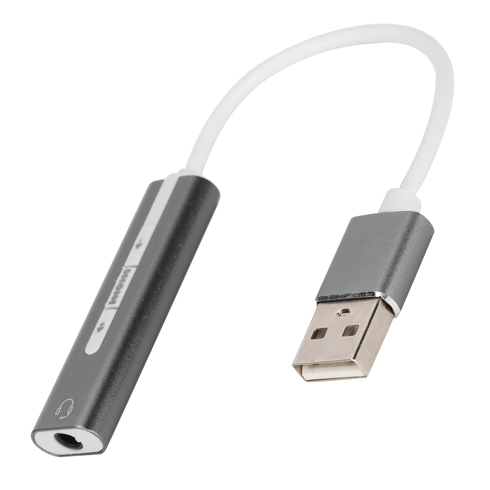 Ein USB-Audioadapter mit grauem Gehäuse, weißem Kabel und USB-Anschluss. Er verfügt über Lautstärkeregler und eine Kopfhörerbuchse.