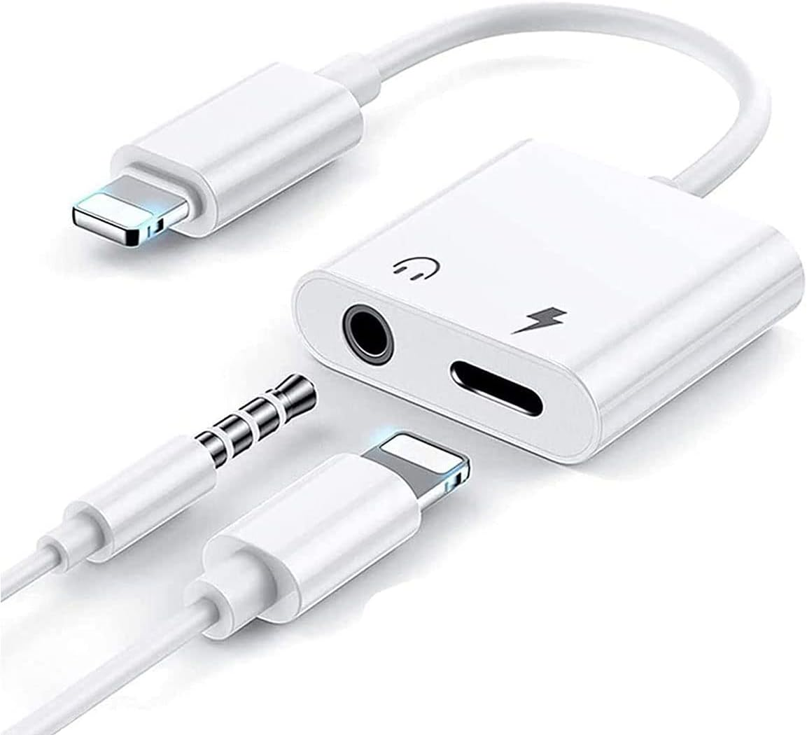 Weißer Audioadapter mit Lightning- und Kopfhöreranschluss. Enthält einen Lightning-Anschluss, eine 3,5-mm-Buchse und einen Lightning-Anschluss zum Aufladen.