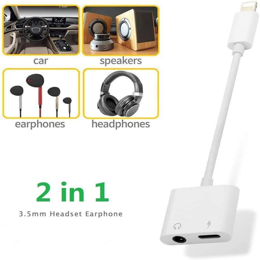 Das Bild zeigt Autointerieur, Lautsprecher, Kopfhörer, Ohrhörer und einen 2-in-1-3,5-mm-Headset-Ohrhörer-Adapter.