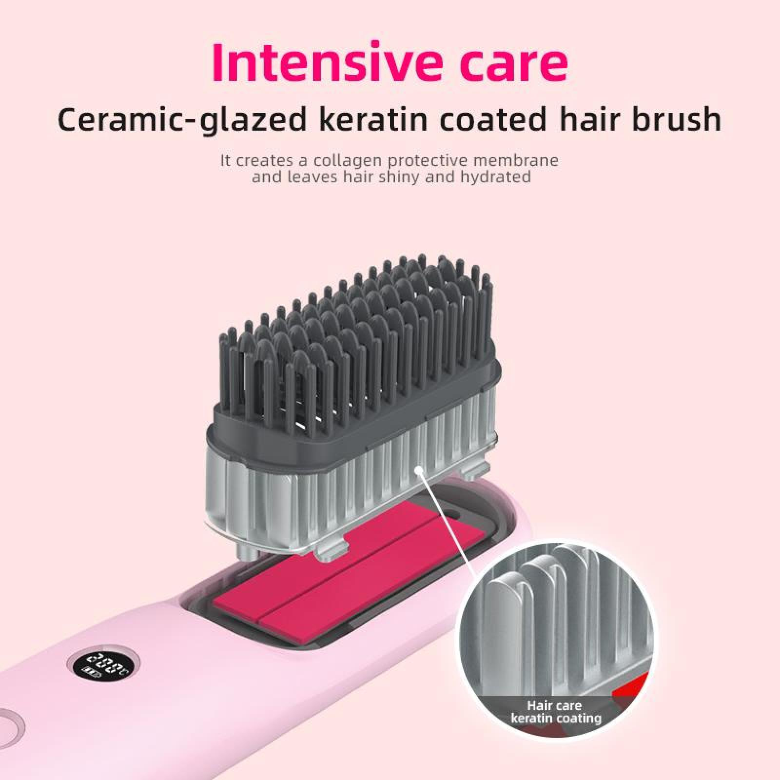 Gezeigt wird eine rosa Haarbürste mit einem schwarzen Borstenkopf. Der Text lautet 'Intensive Pflege' und 'Keramik-glasiert Keratinbeschichtete Haarbürste'.