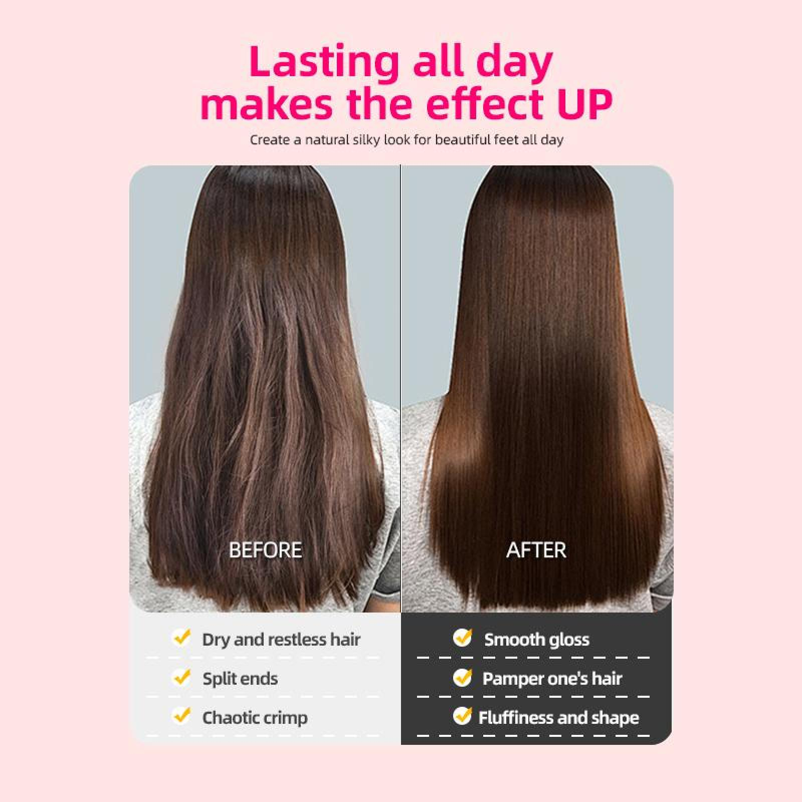 Das Bild zeigt Vorher-Nachher-Haar. Vorher: trockenes, chaotisches Haar. Nachher: glattes, glänzendes Haar.