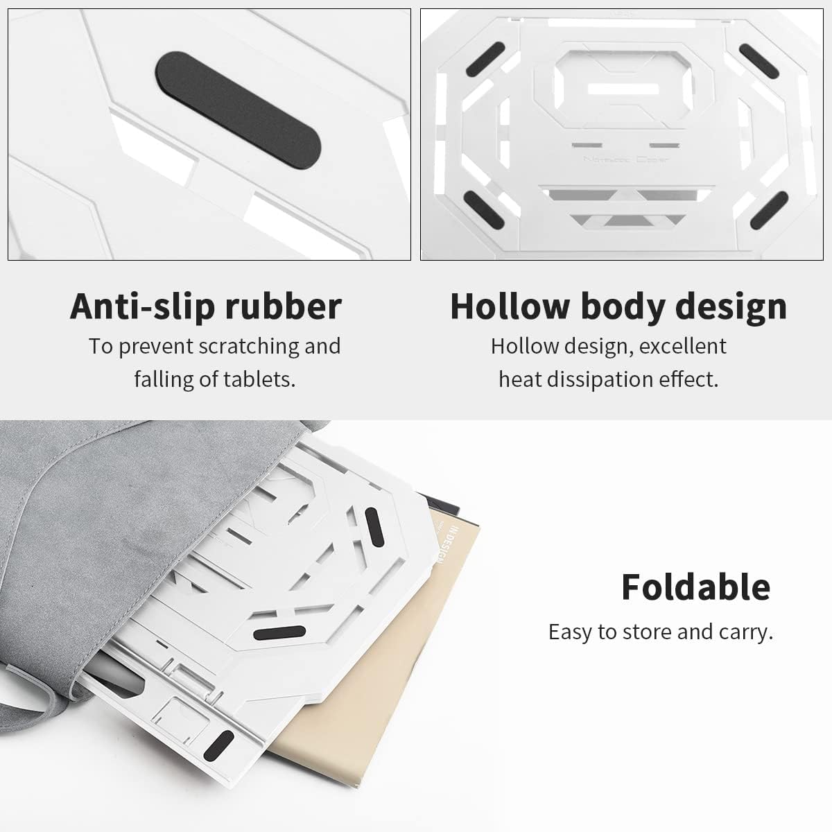 Ein weißer, zusammenklappbarer Laptop-Ständer mit Anti-Rutsch-Gummi, Hohlraum-Design und einer grauen Tragetasche. Einfach zu verstauen.