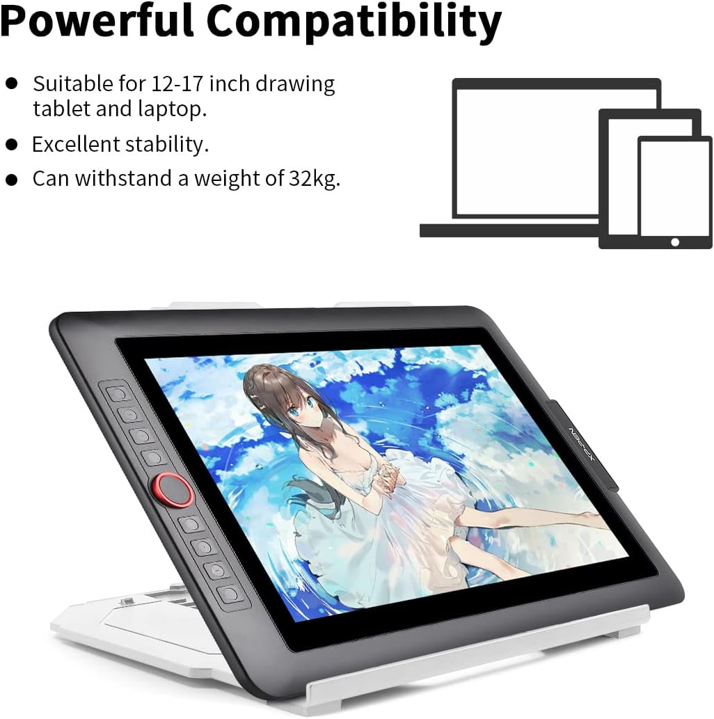 Ein Zeichentablett mit einer Mädchenillustration, unterstützt von einem weißen Ständer. Der Text oben lautet 'Powerful Compatibility'.