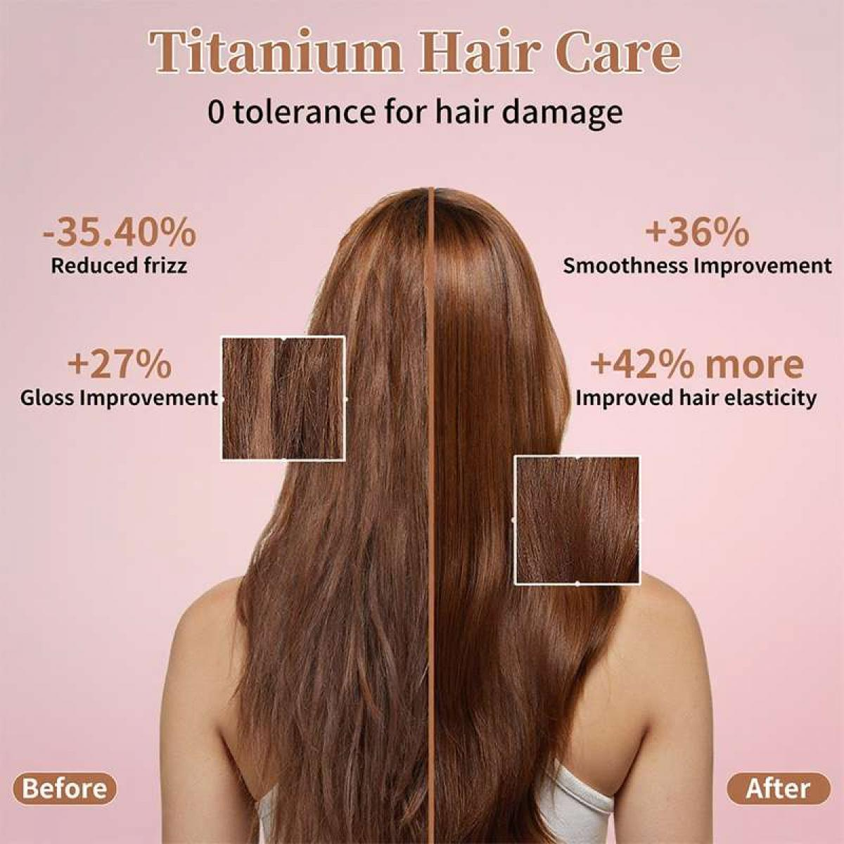 Das Bild zeigt Vorher-Nachher-Ergebnisse von Titanium Hair Care. Es zeigt eine Frau mit braunem Haar, die Frizz-Reduzierung und Elastizitätsverbesserung hervorhebt.