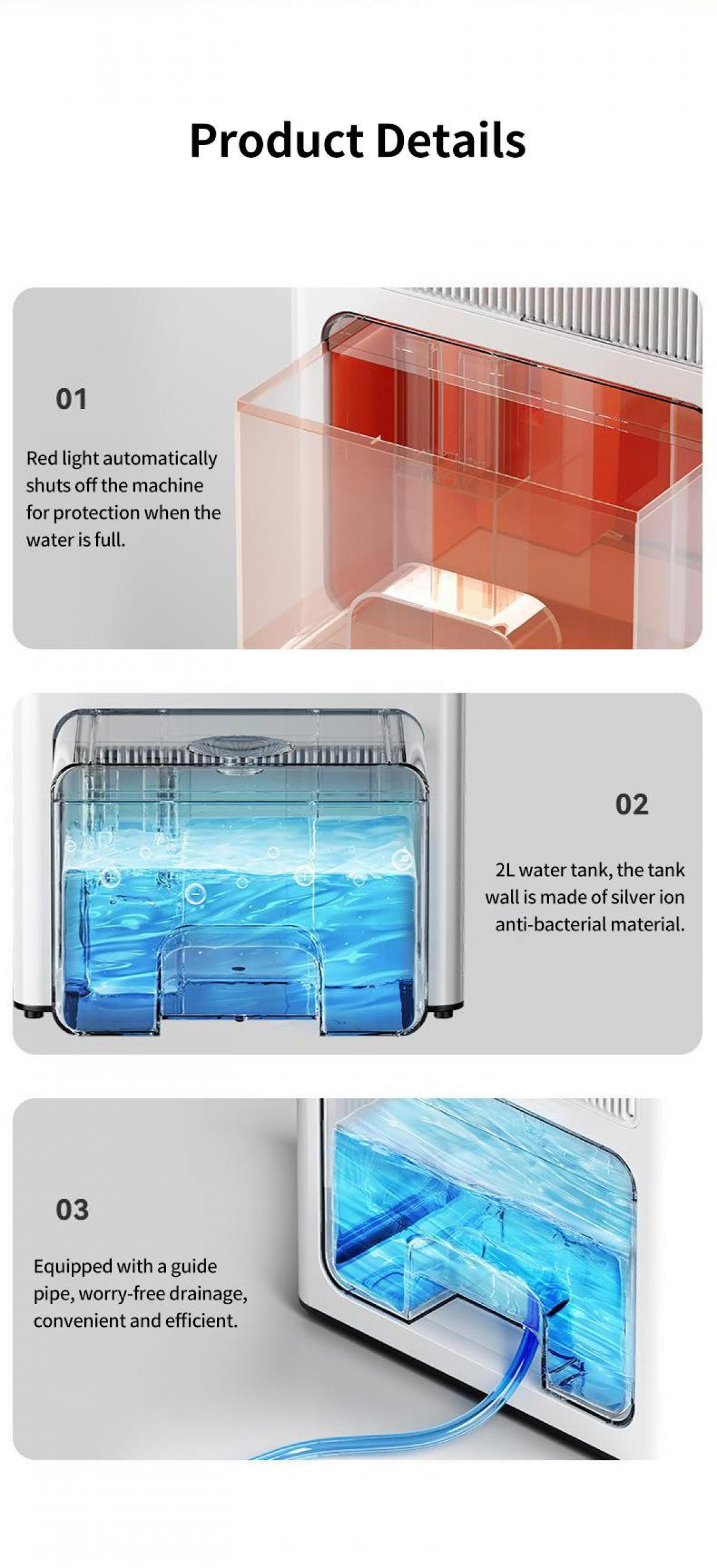 Produktdetails. Ein weißes Gerät mit rotem Wassertank und blauem Schlauch. Text zeigt die Funktionen des Produkts.