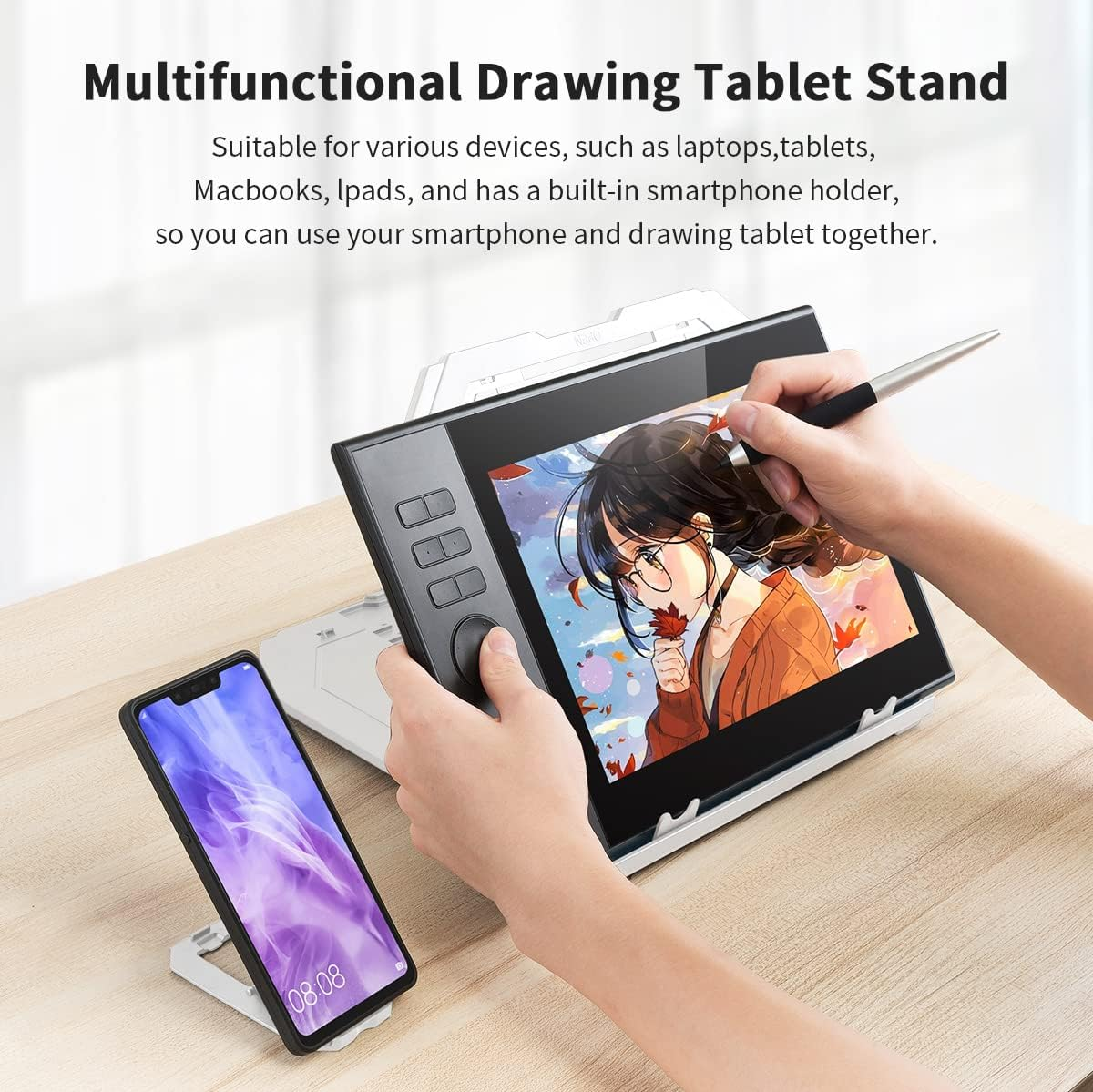 Eine Hand benutzt einen Stift auf einem Zeichentablett mit Anime-Kunst. Daneben befindet sich ein Smartphone auf einem Ständer.