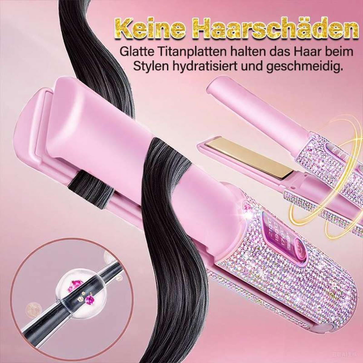 Ein rosa und glitzernder Haarglätter mit schwarzem Haar darum. Der Text auf Deutsch lautet 'Keine Haarschäden'.