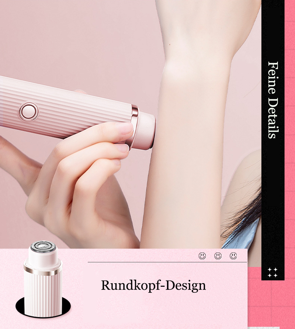 Eine Person rasiert ihren Arm mit einem rosa Elektrorasierer. Das Design ist rundköpfig. Auf der rechten Seite steht "Feine Details".